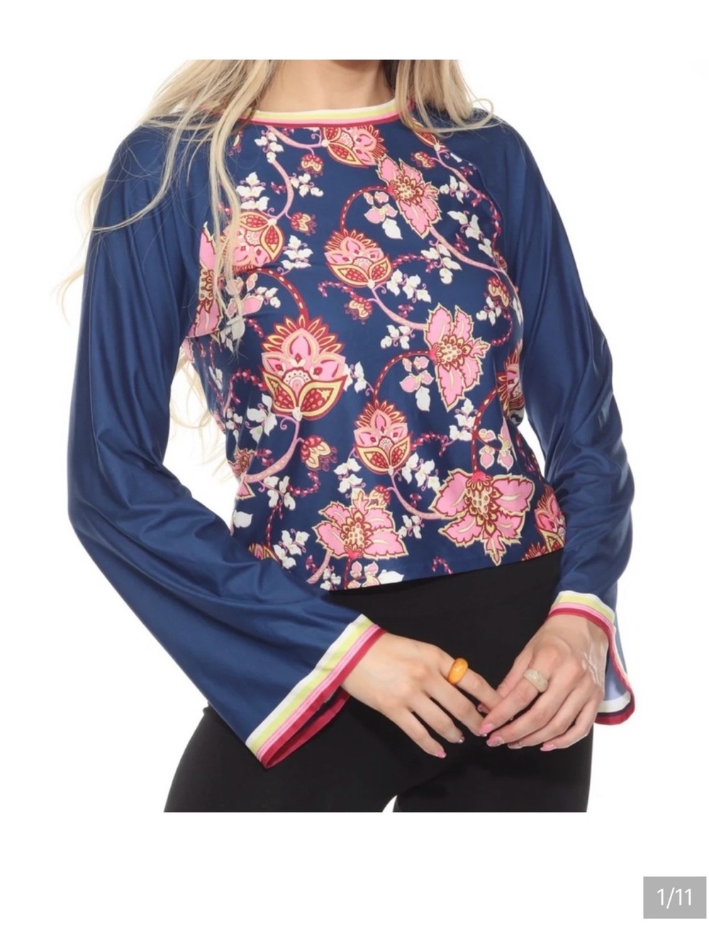 Johnny Was Bee Active Navy Floral Raglan Long-Sleeve Top with Pink Accents